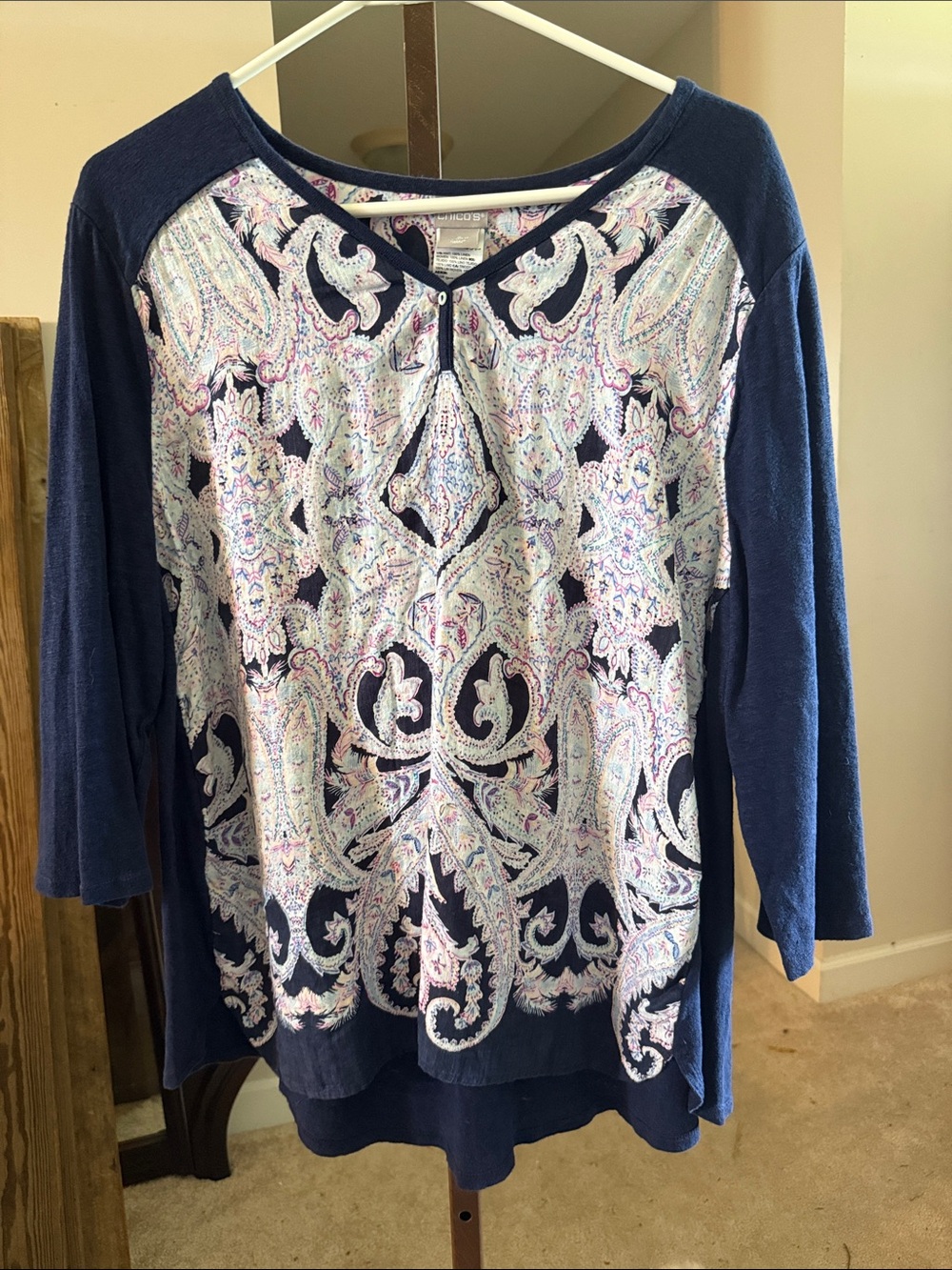 Chico's Navy Blue Paisley-Front Long Sleeve Tee